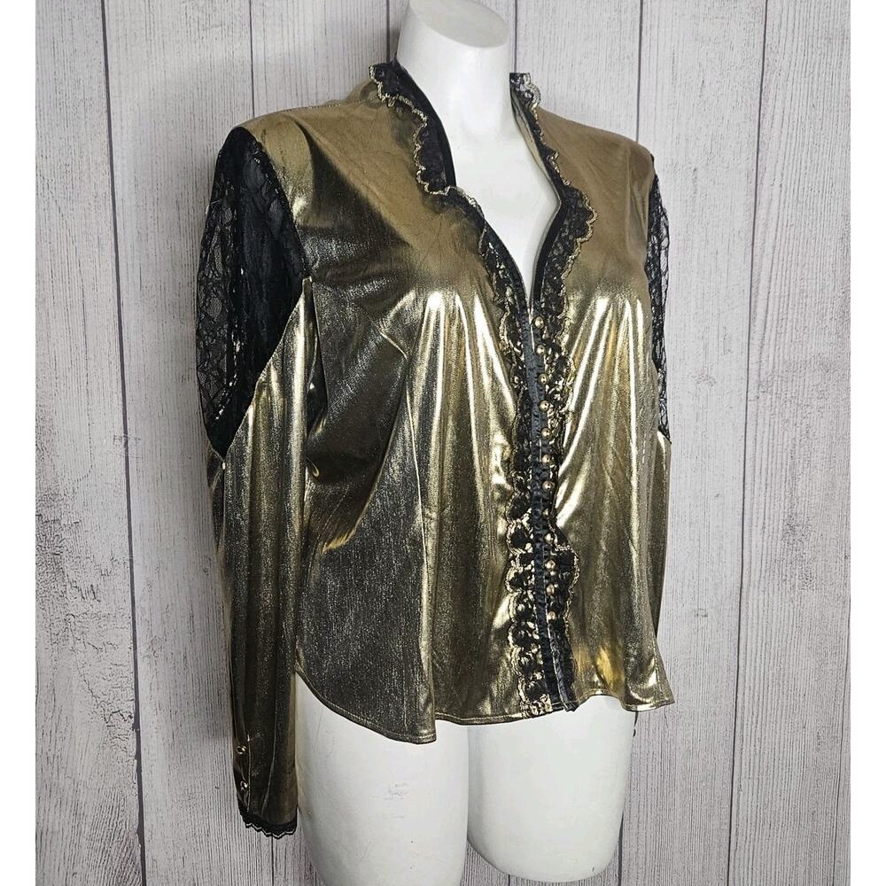 VTG Circle T Marilyn Lenox Gold Metallic Western Blouse Lace Sleeves, sz 24